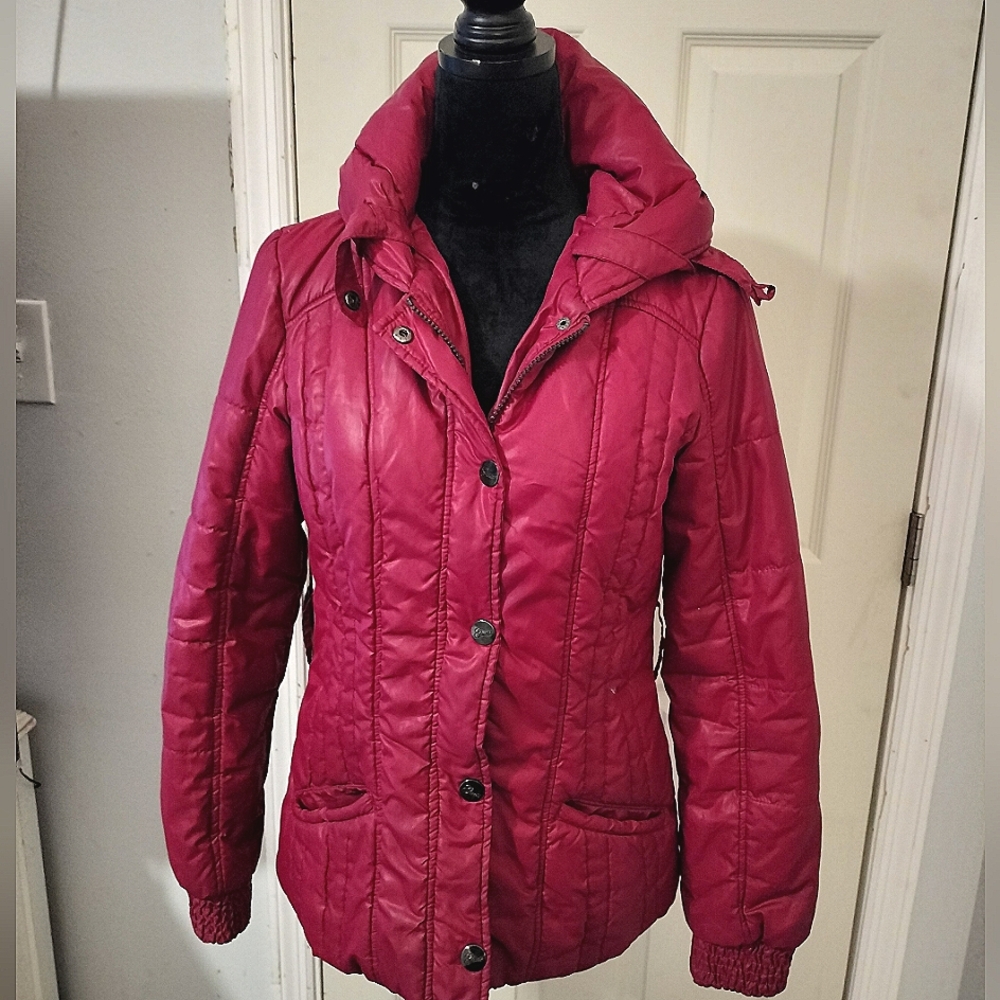 Guess Hoodie Maroon Poly Puffy Bomber Coat Medium
